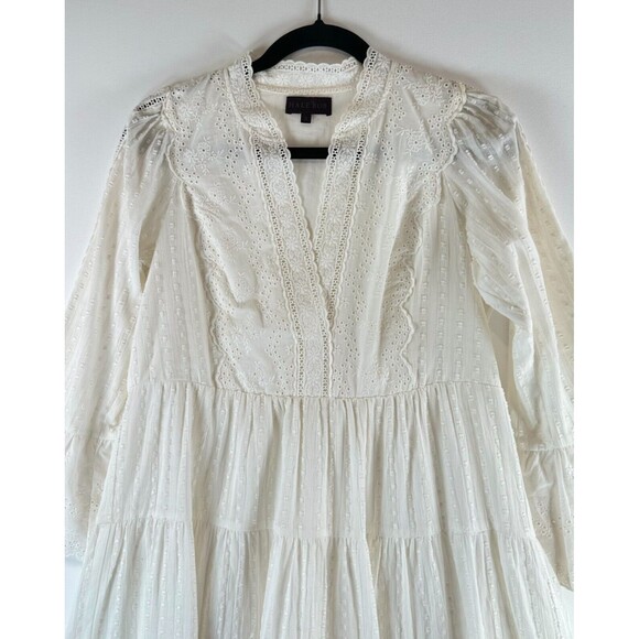 Hale Bob Womens Dress White Mila Mini Fit Flare Eyelet V Neck Tiered Boho Small - Picture 4 of 12